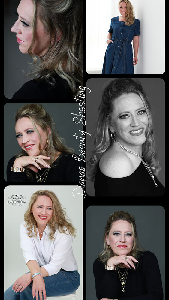 Collage aus 5 Beautyfotos mit Haar und Make-up Styling von Diana