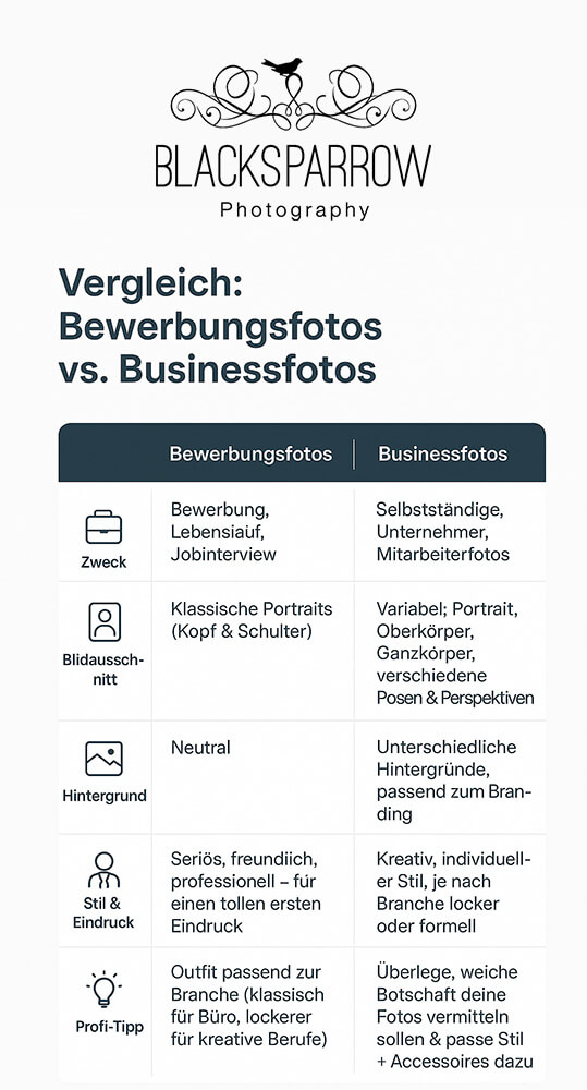 Grafische Aufstellung mit Vergleichsinformation zu Bewerbungsfotos vs Businessfotos