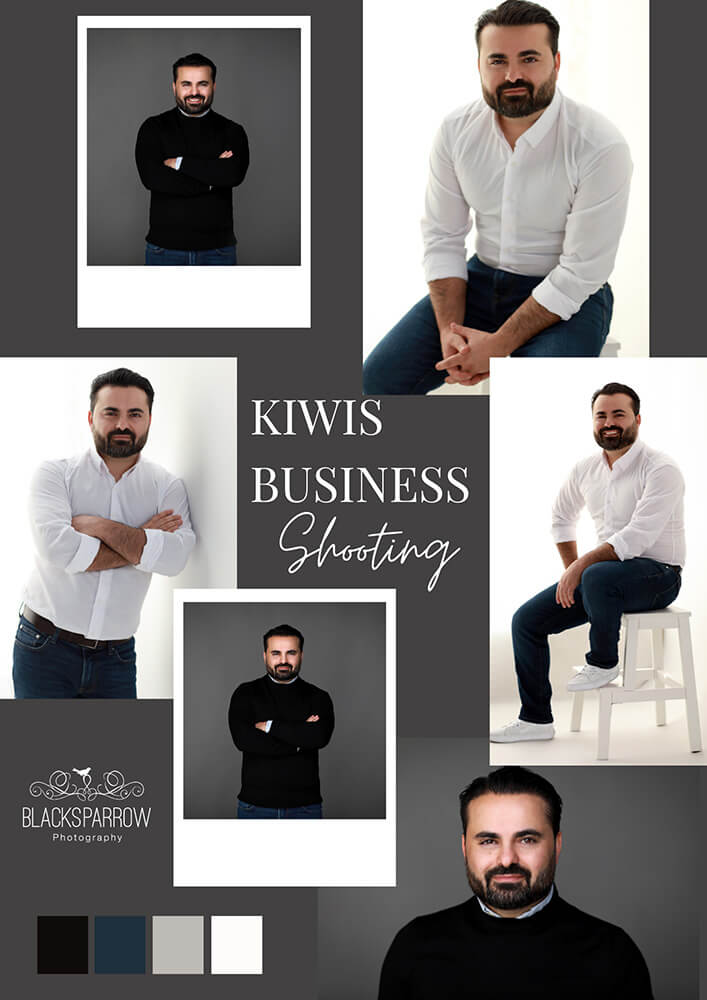 Collage aus 5 Fotos vom Business Shooting mit Kiwi